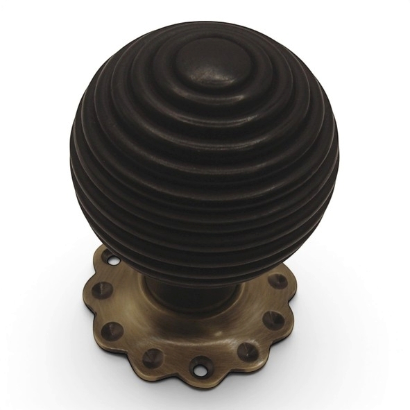 PDF1016F2/AB  Ebonised / Antique Brass  Period Timber Round Beehive Mortice / Rim Knob Set With Flower Roses